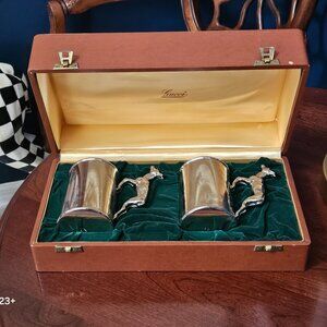 2 LUXURY VINTAGE RARE ESTATE GUCCI TANKARD SILVER PLATE DEER BEER STEIN CUP MUG